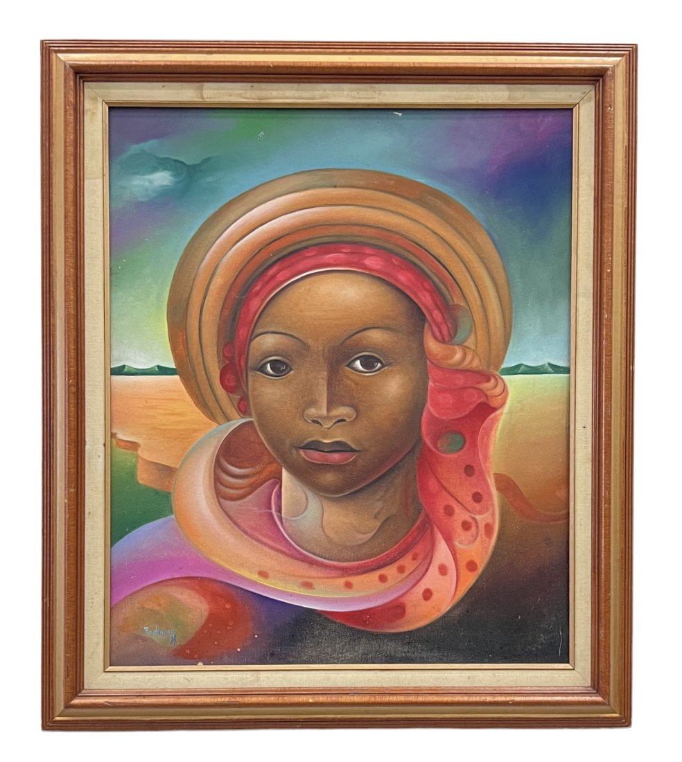 1970's Haitian Modernist Portrait Of A Woman, Signed: Oil on canvas 29 x 25 in (framed)