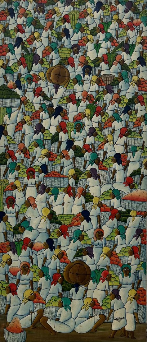 Haitian Folk Art Painting Signed Beltran 1970: Oil on canvas 32 x 14 in