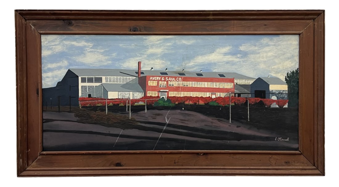 Avery & Saul Company Cambridge Massachusetts Historical Painting Signed: Oil on canvas 39.5 x 18.5 in, 47 x 26 in (framed)