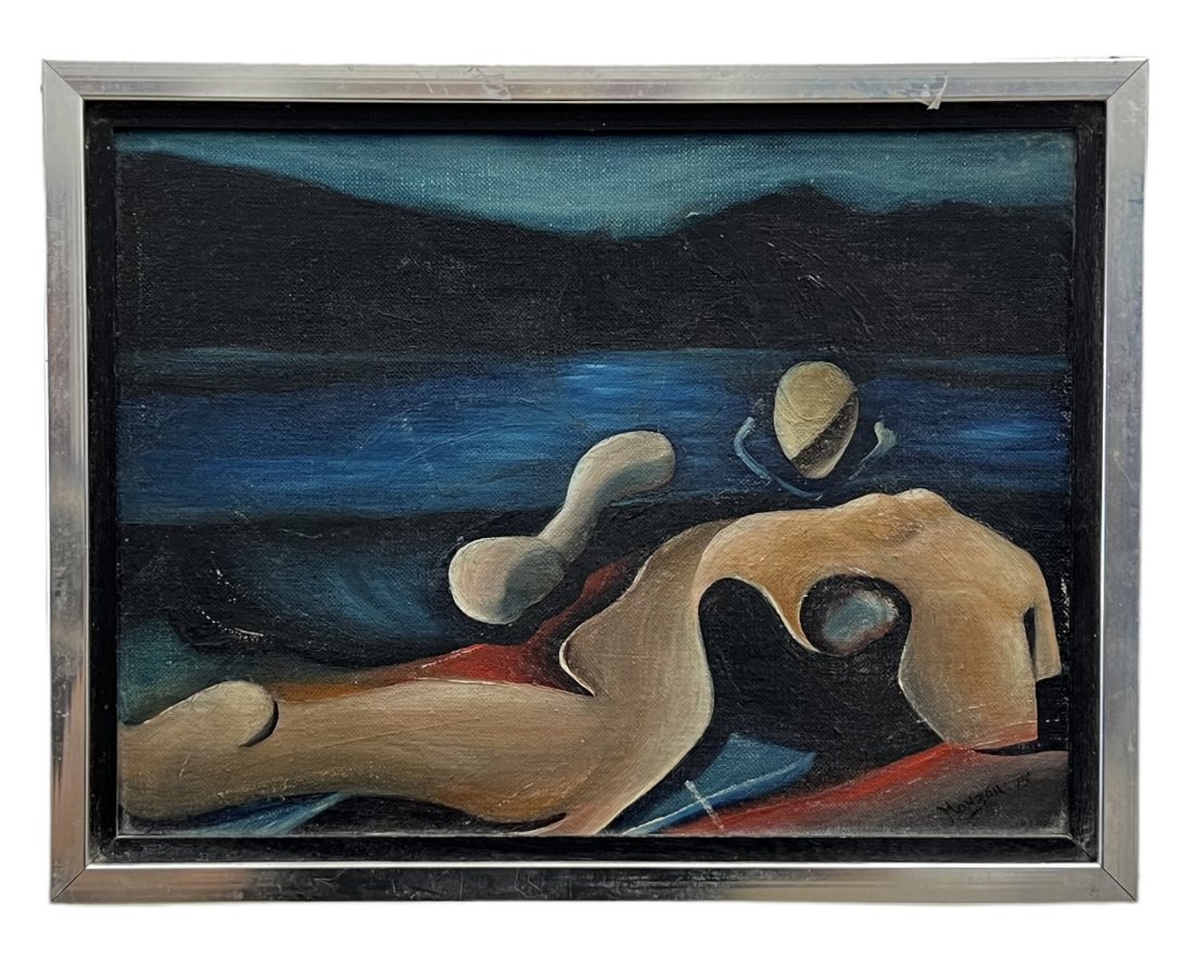 1970's Spanish Surrealist Nude In Landscape Signed Style Of Dali: Oil on canvas board 13 x 10 in