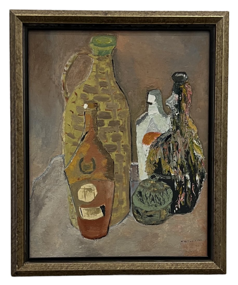 Mid-Century Modern Still Life Of Bottles, Signed: Oil on board 22.5 x 18.5 in (framed_)