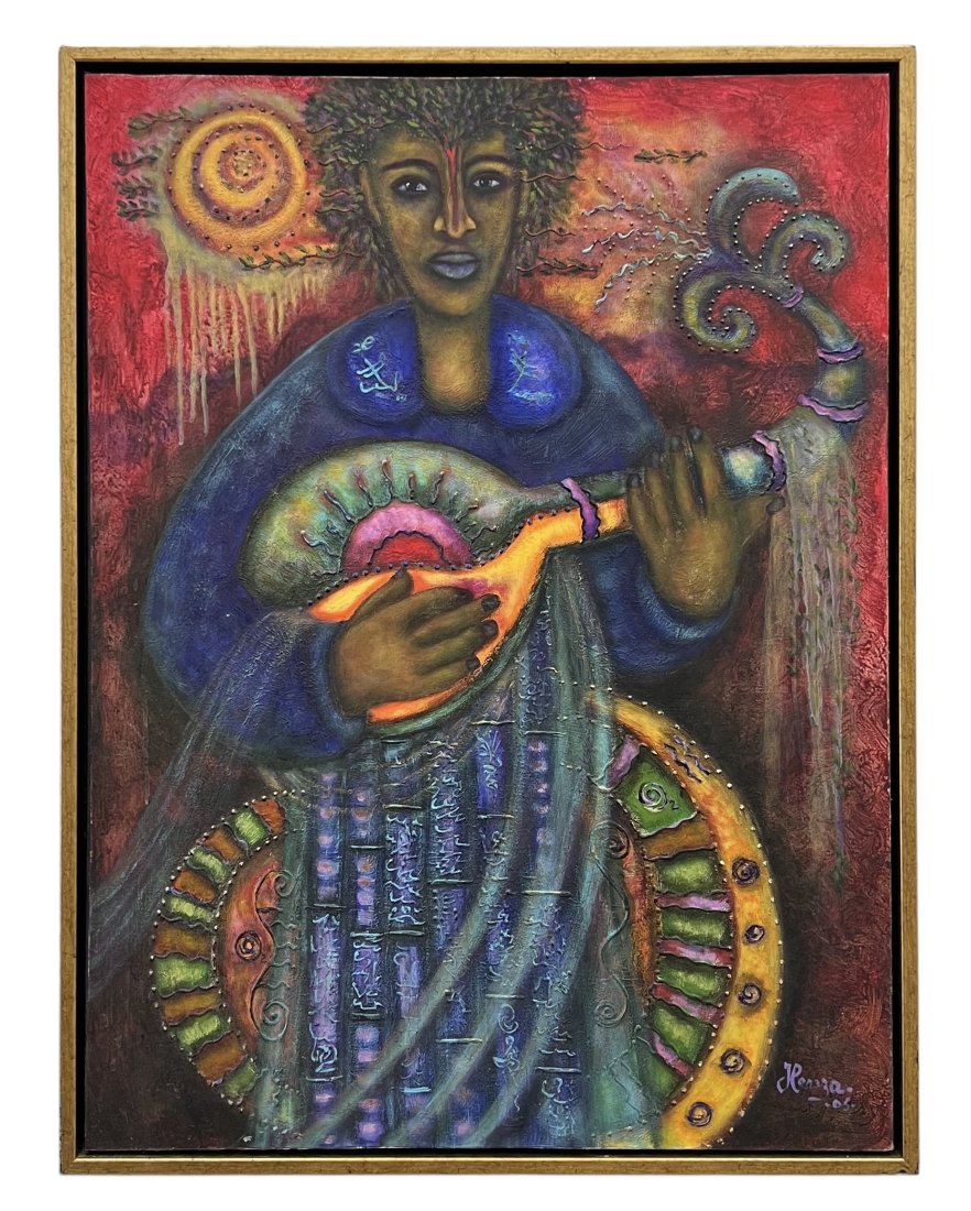 HERZA BARJON (20th c, Hatian) Modernist Guitar Player: Fort. Lauderdale artist. Mixed media on canvas 40 x 30 in, 42 x 32 in (framed)