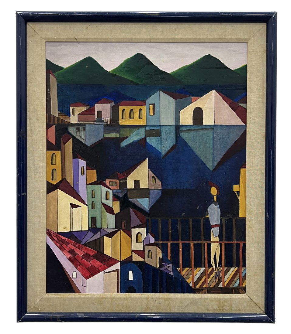 Cubist Cuban Harbor Scene Unsigned Style Of Jose Mijares (1 of 2)