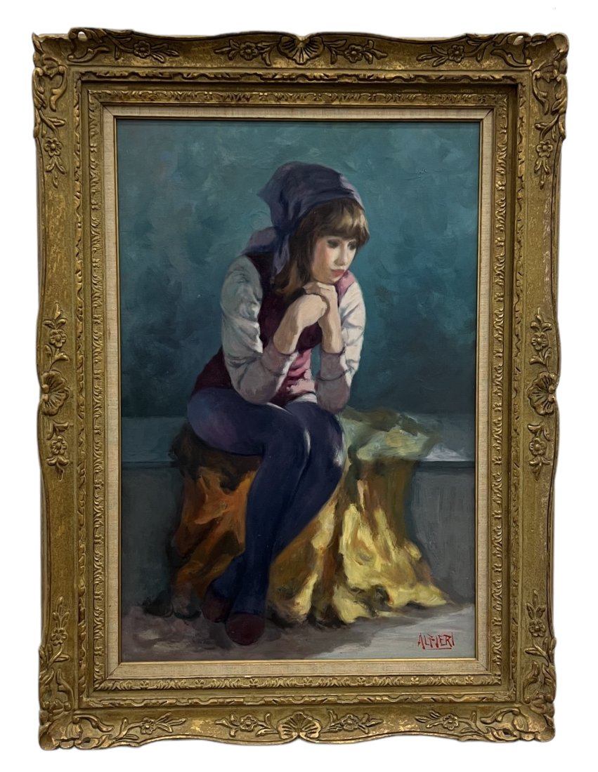 PHILLIPE ALFIERI (1921-2009, American) Portrait Of A Seated Young Girl: Oil on canvas 36 x 24 in, 45.5 x 33.5 in (framed)