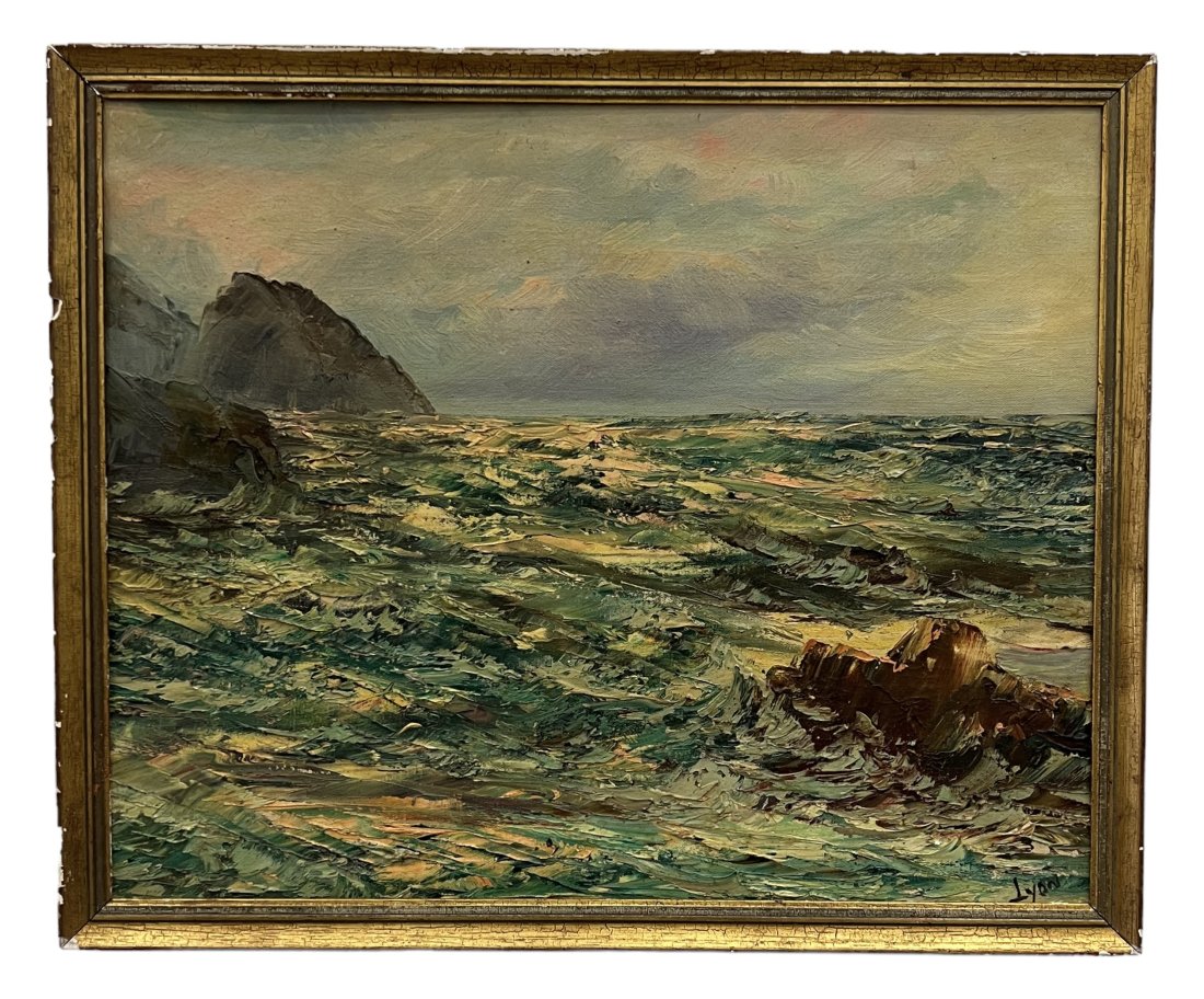 Antique French Impressionist Seascape Signed Lyon: 22 x 18 in (framed)