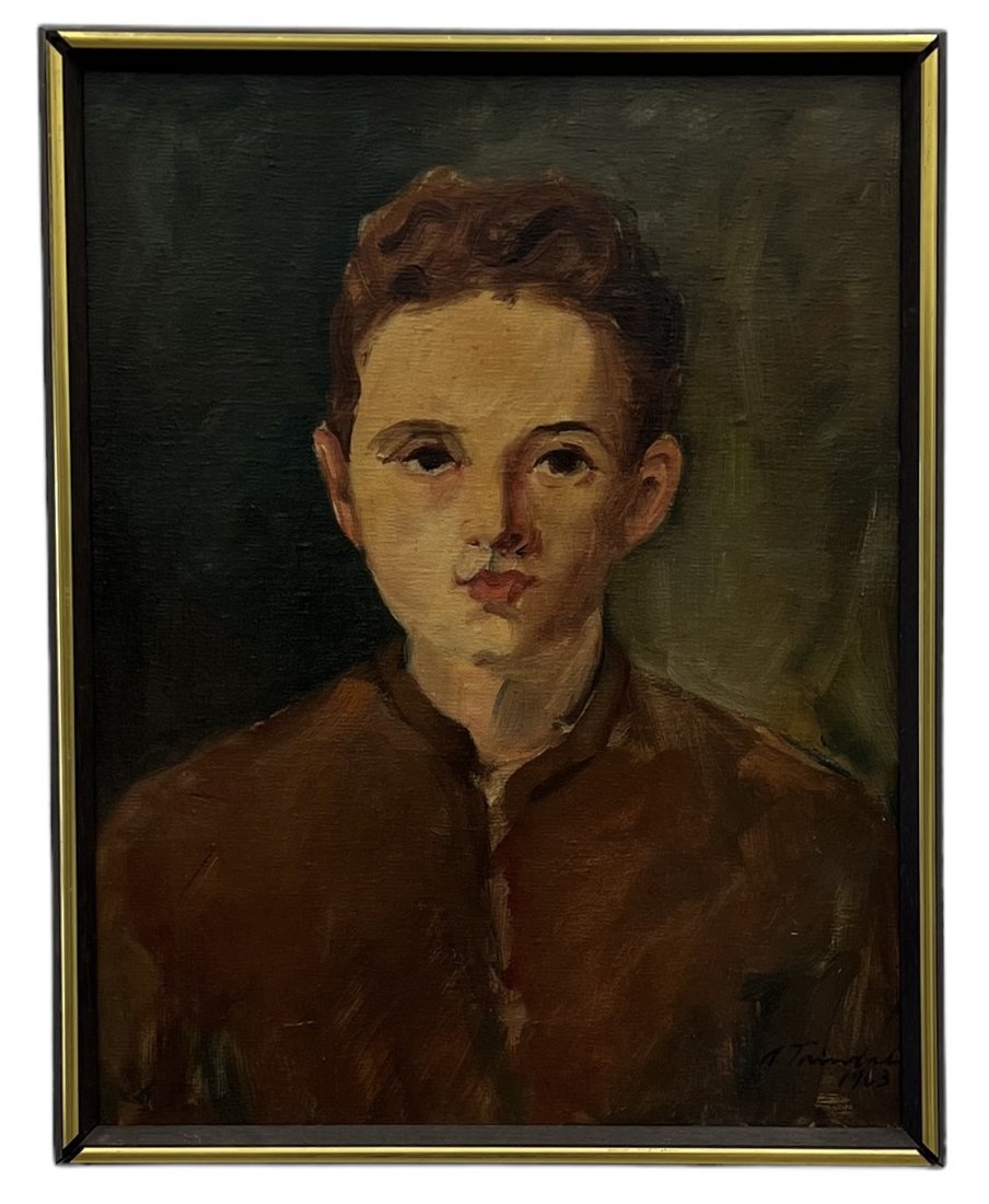 ANGELA TRINDADE (1909-1980, India) Portrait Of A Boy: Oil on canvas 19.5 x 15.5 in (framed)