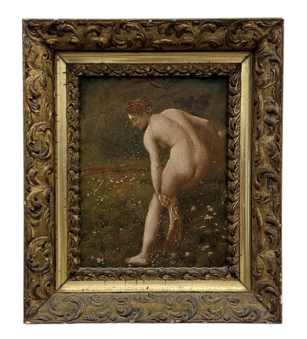 19th Century Art Nouveau Nude In Landscape: Oil on canvas. Size 9.5 x 7.5 in, 13 x 11 in (framed). Same artist as previous lot