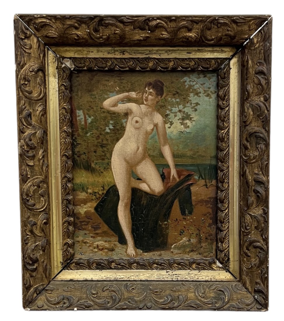 19th Century Art Nouveau Nude Painting, Signed: Oil on canvas. Size 9.5 x 7.5 in, 13 x 11 in (framed)
