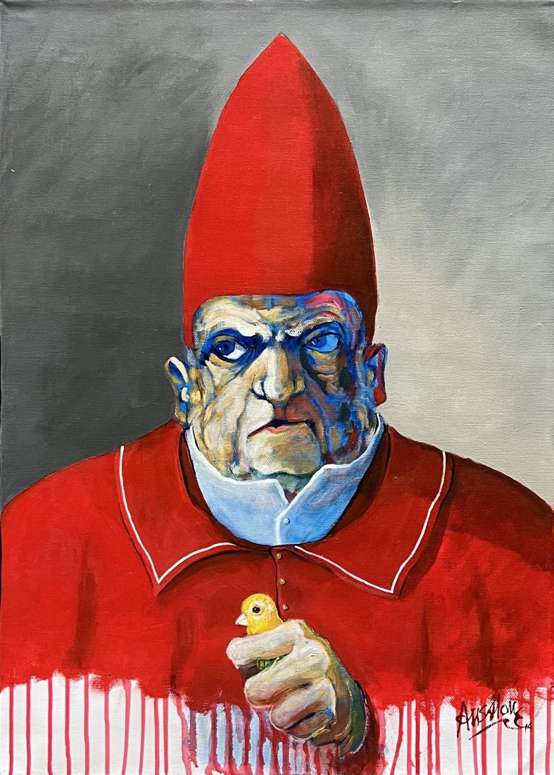 JOSE MARIO ANSALONE (b. 1943, Argentina) The Cardinal: Acrylic on canvas 24 x 19.5 in. Ansalone is a figurative painter in the "Francis Bacon" style. With a long career spanning over 50 years represented by established galleries worldwide.