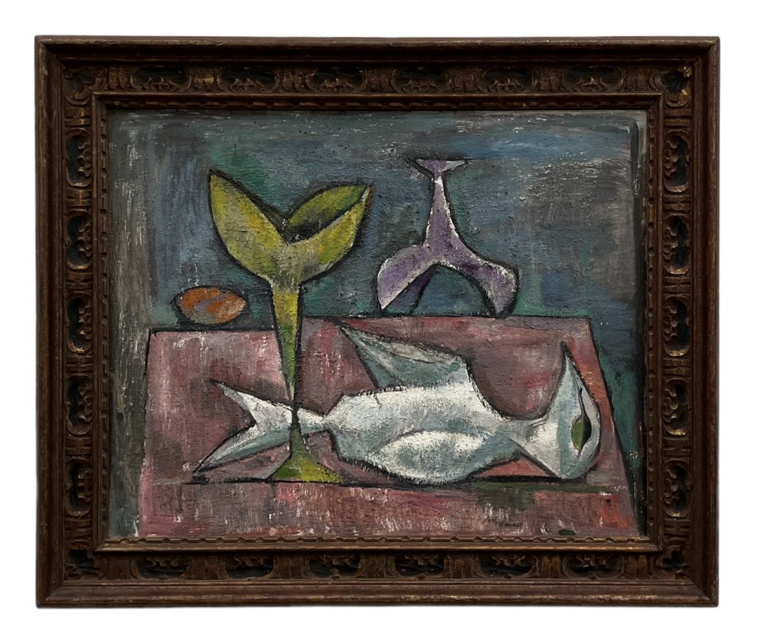 EMANUEL ROMANO GLICENSTEIN (1897-1984, Italian) Cubist Still Life: Oil on board 37 x 31 in (framed), 30 x 24 in.Born in Rome, Italy, Emanuel Romano became a painter, illustrator, muralist and teacher in New York City where from 1944 to 1945 he taught at the City Coll