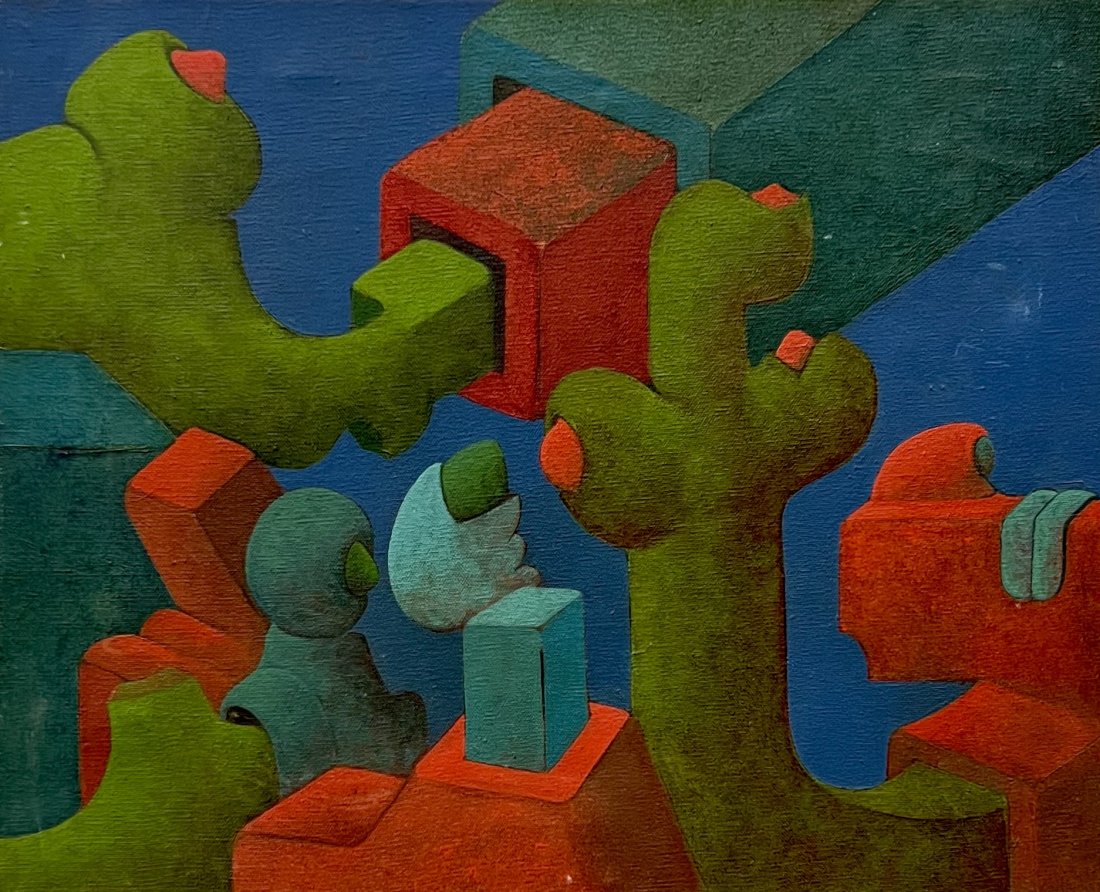 JOHN PLEIMAN (20th c, American) Surrealist Abstract: Oil on canvas 20 x 16 in