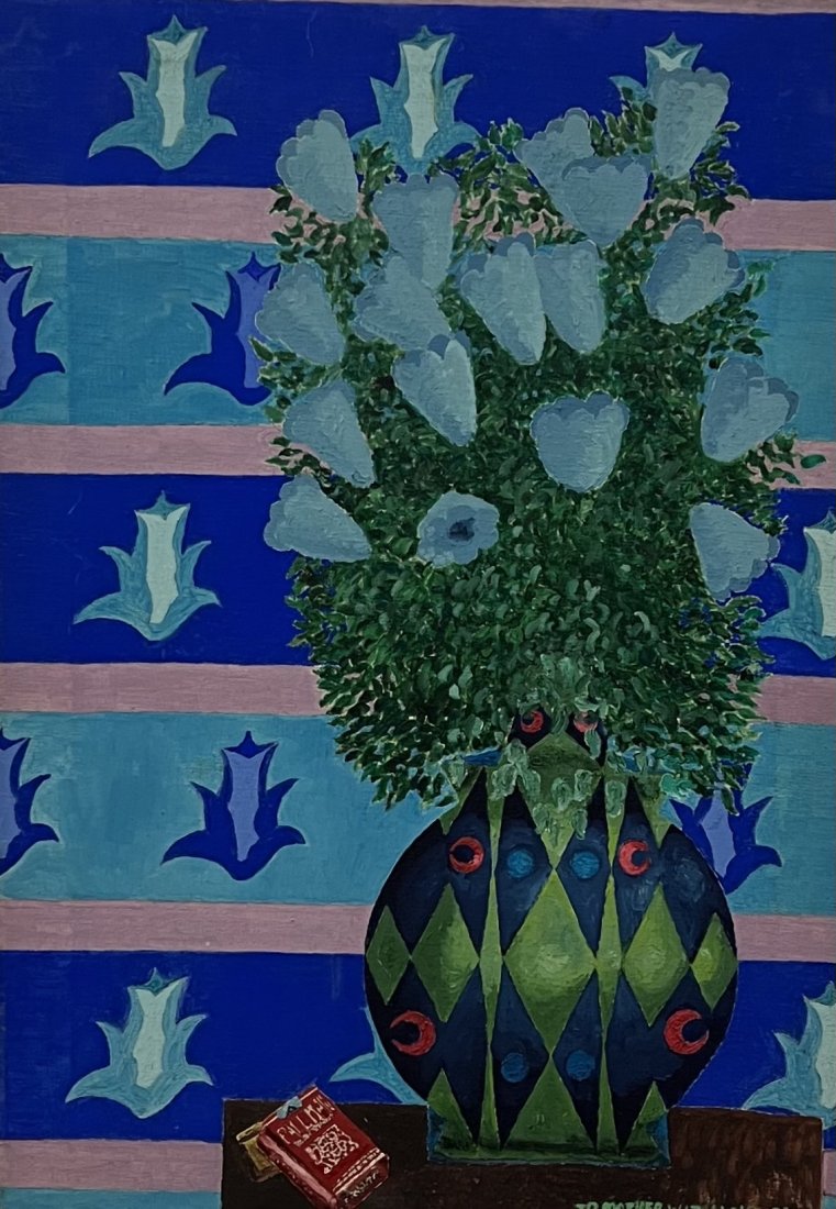 Modernist Naive Still Life Painting Signed, Unknown Artist: Oil on canvas 26 x 18 in