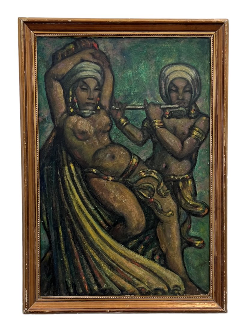 Modernist Tribal Celebration Painting Of Musicians, Double Sided: Still life on opposite side 35 x 23.5 in, 40 x 28 in (framed)