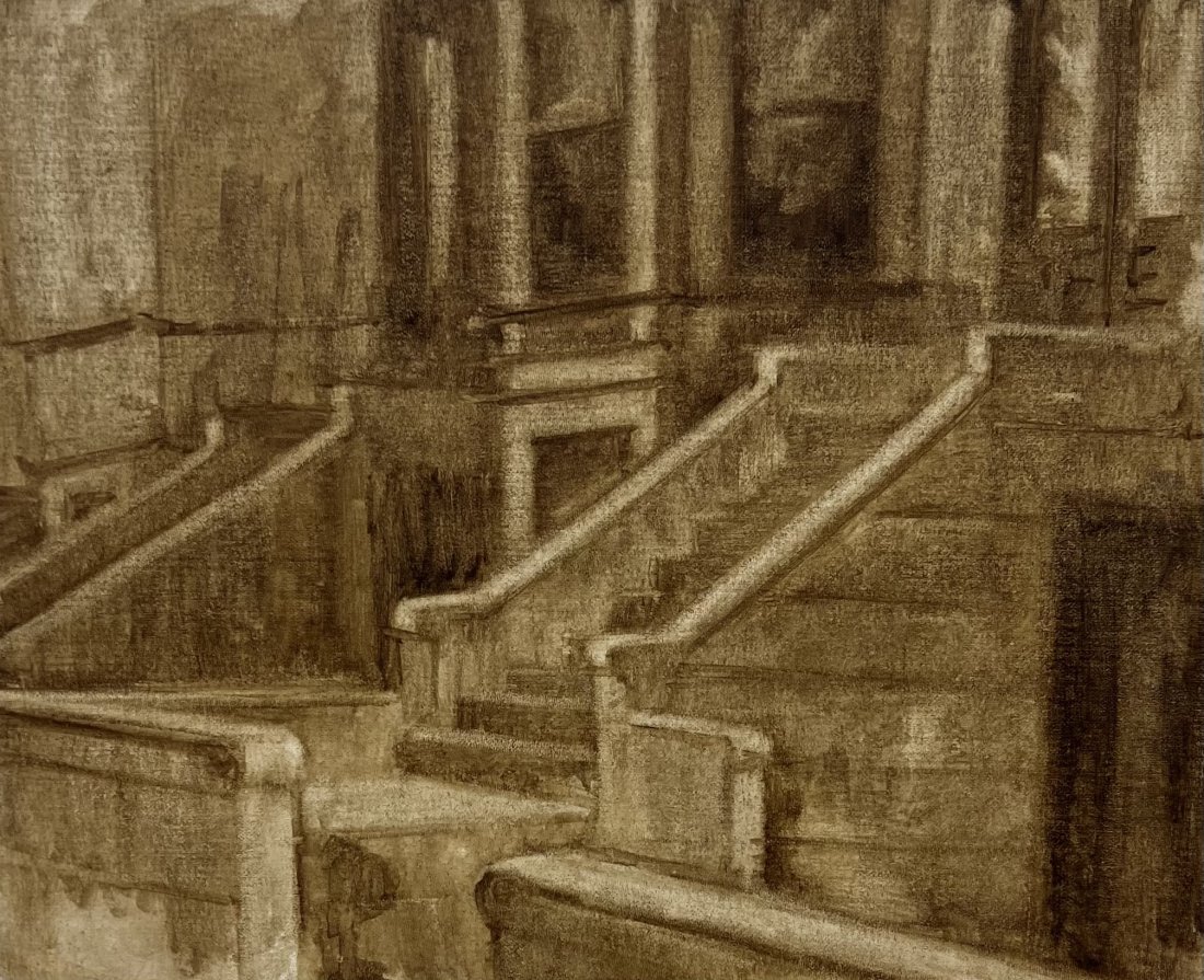 American Impressionist Brownstone Architectural City Scene Painting: Possibly New York City. Oil on board 18 x 24 in