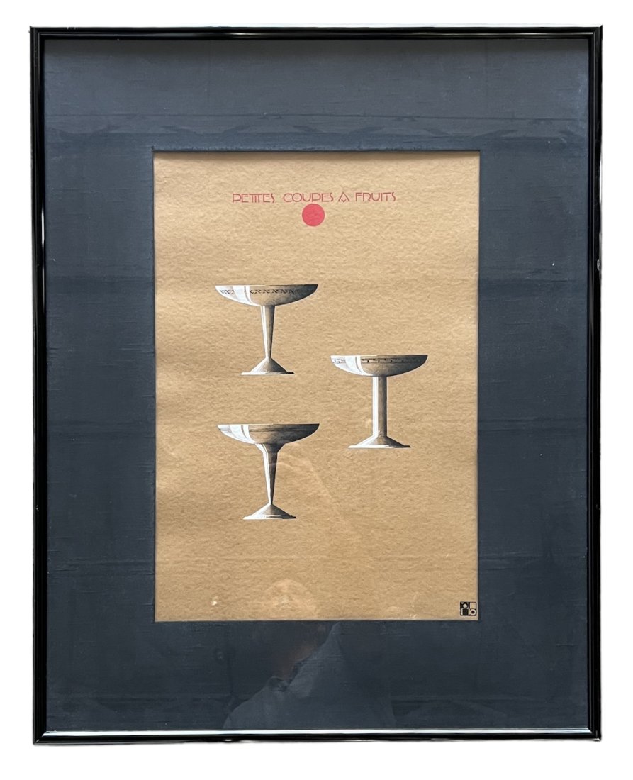 Mid-Century French Art Deco Illustration Art, Signed Martini Glasses (1 of 2)