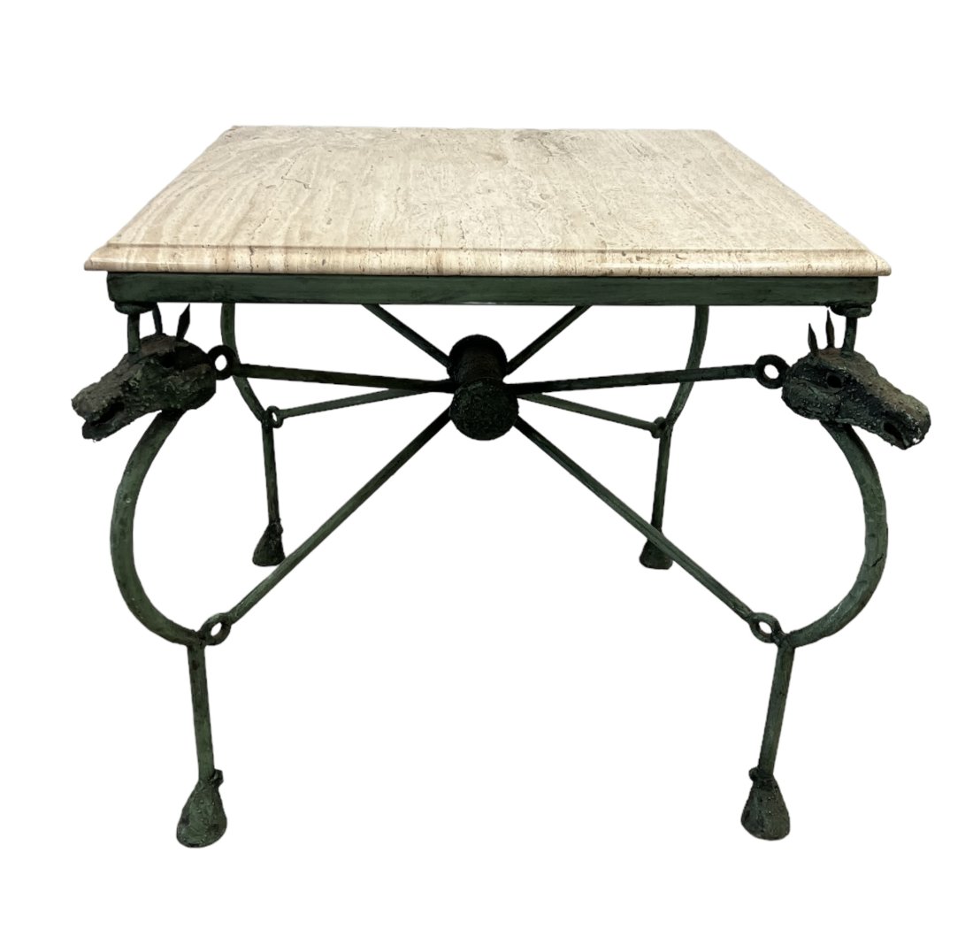 Giacometti Style Side Table Bronze Finished Metal With Travertine Top (1 of 7)