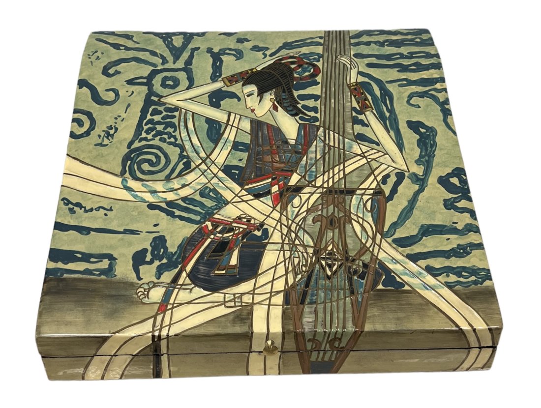 Laquer Box With Art Nouveau Inspiration As Motif: 15 x 15.5 x 5 in