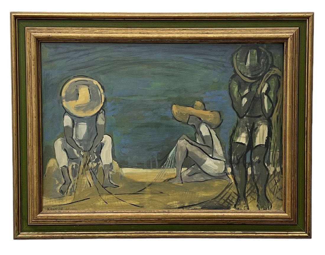 Modernist Gouache Of Spanish Fisherman Signed Kantor 1967: 27 x 19 in, 32.5 x 24.5 in (framed)