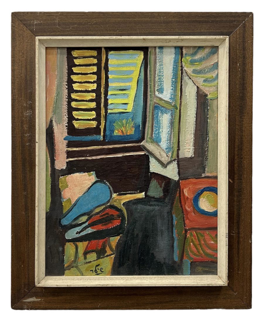 Cubist Israeli Interior Still Life w/ Violin Signed In Hebrew (1 of 3)