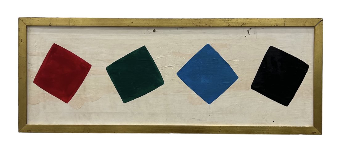 Mid-Century Modern Minimalist Abstract Of Squares: Unsigned. Oil on canvas 34 x 12 in, 35.5 x 13.5 in (framed)