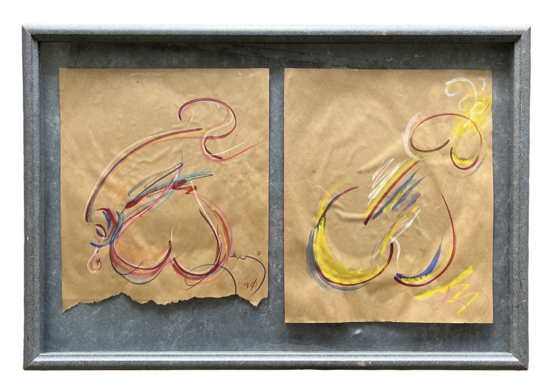 Pair Of Pop Art Modernist Penis Drawings Style Of Jim Dine, Illegible Signature: Gouchae on paper 16.5 x 14 in ea, 33.5 x 22.5 in (framed). Unknown artist. Gay interest