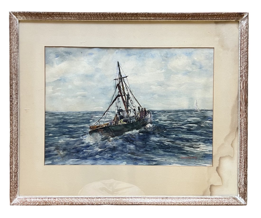 HAROLD KENWORTHY (20th c, American) Fishermen At Sea: Watercolor on paper 19 x 13 in, 27 x 21.5 in (framed)