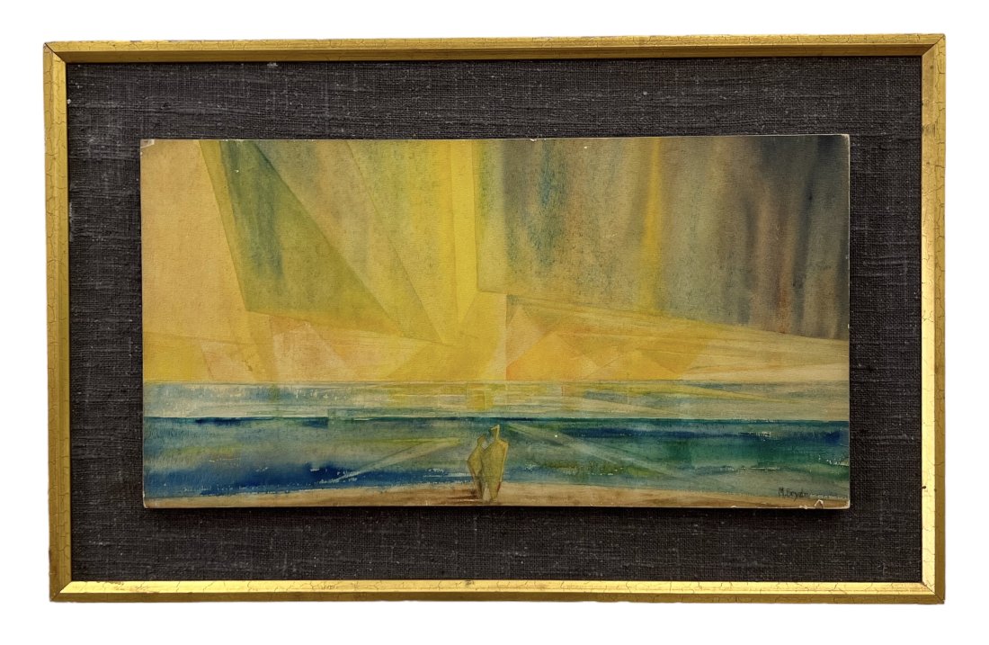Mid-Century Surrealist Landscape Sunrise w/ Figures, Signed: Watercolor on cardboard 21.5 x 11.5 in, 27.5 x 17.5 in (framed)
