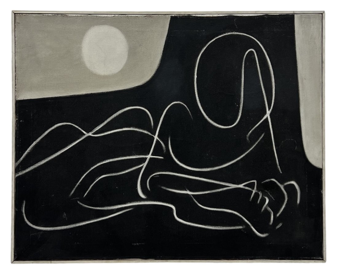 Mid-Century Modern Black & White Figural Abstract Painting (1 of 2)