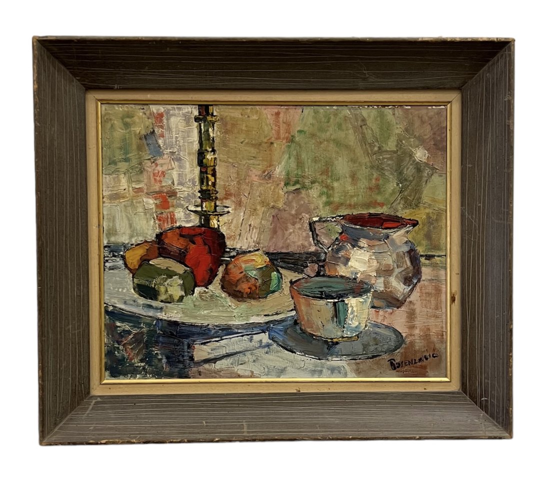 IRVING ROSENZWEIG (20th c, Florida) MCM Still Life: Oil on board 20 x 16 in, 26 x 22 in (framed)