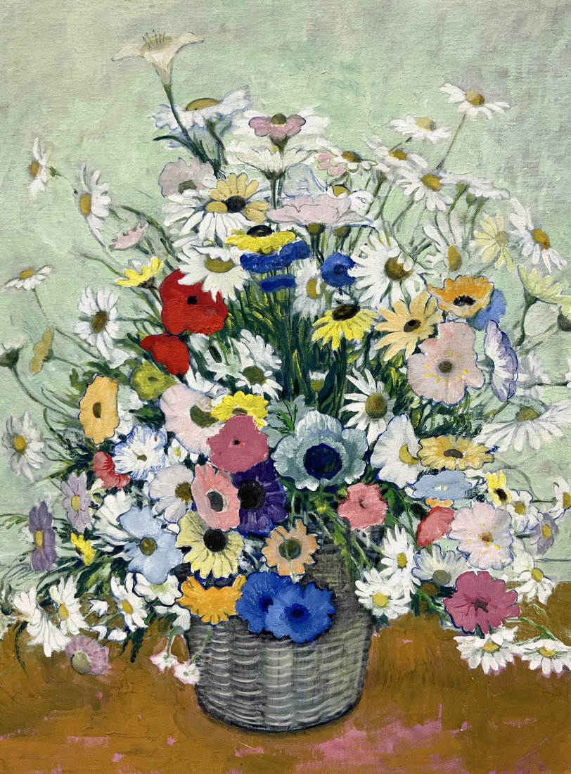 Vintage Modernist Still Life Of Flowers, Unsigned: Oil on board 24 x 18 in