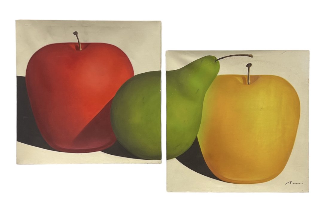 Hyperrealist Still Life Diptych Of Fruit, Signed: Oil on canvas 20 x 20 in each. Unknown artist