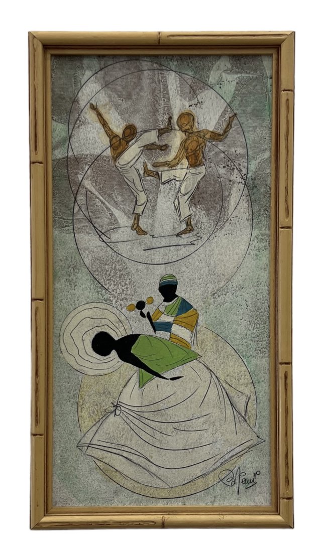 Vintage Haitian Voodoo Painting Signed By Unknown Artist: Oil on board 17 x 9 in (framed)