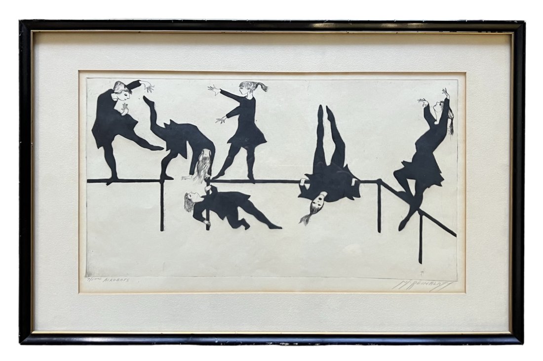 MOSES MARTIN REINBLATT (20th c, Canadian) "Acrobats" Etching: 17 x 9.5 in (sight), 22 x 14 in (framed)