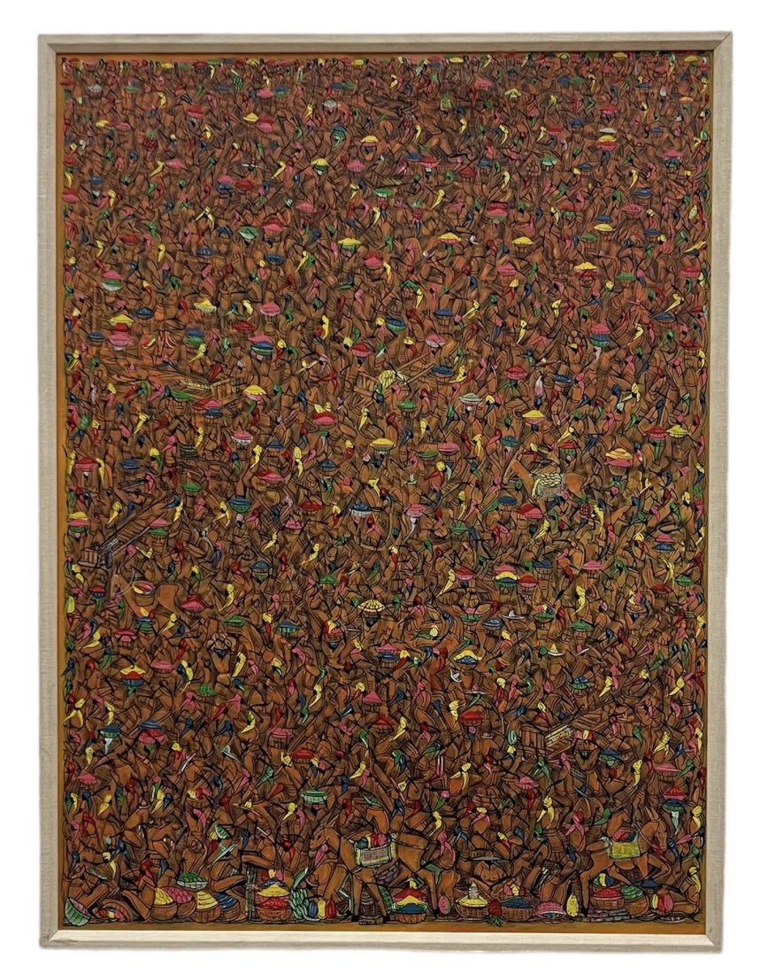 Nono (20th c, Haiti) Detailed Abstract Painting: Oil on canvas 40 x 30 in