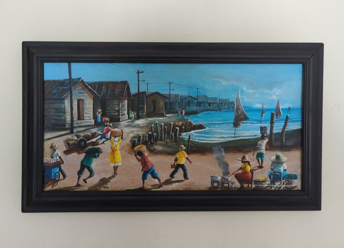 SIMEON MICHEL (b. 1953, Haiti) Seaside Village w/ People: Oil on canvas 24 x 12 in