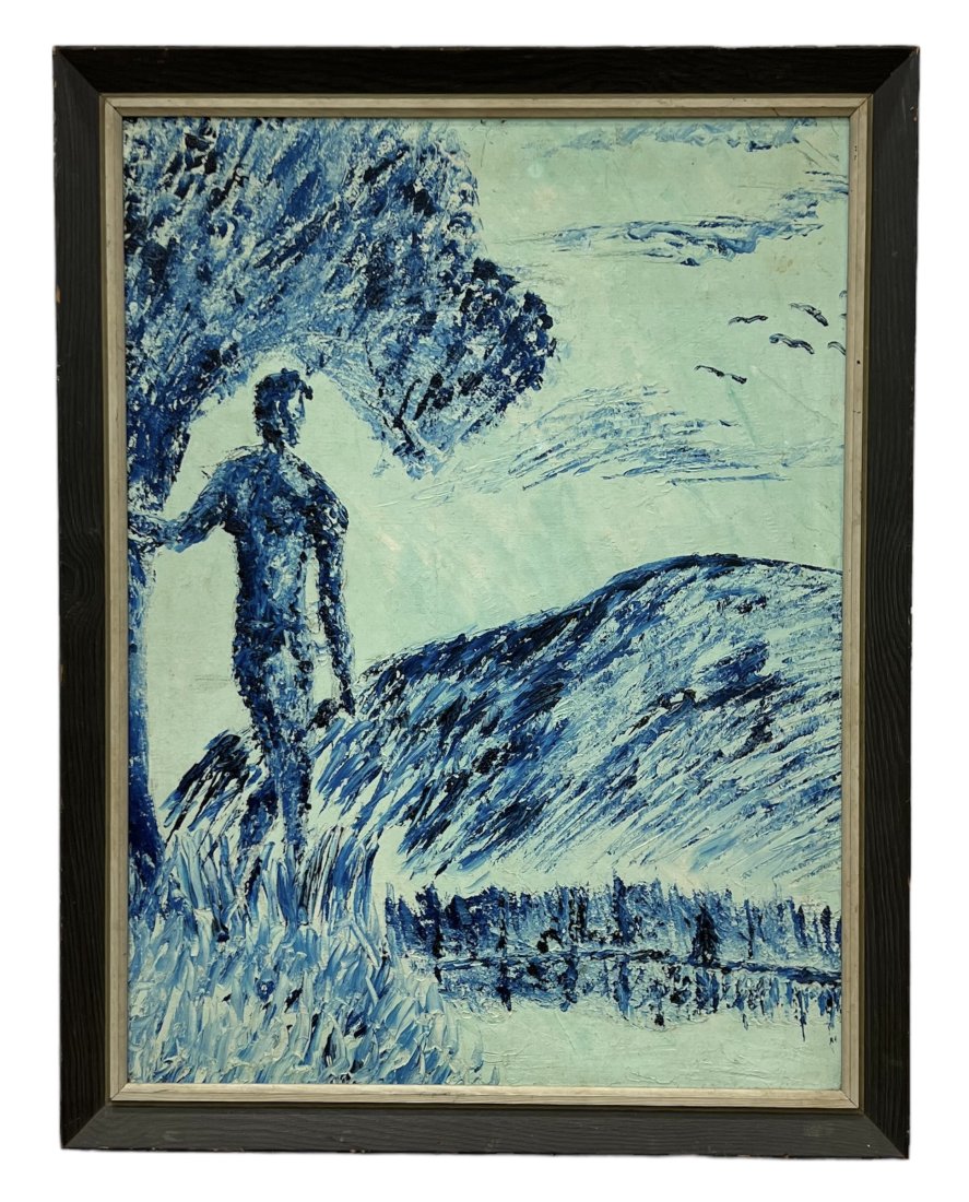 Mid-Century Modernist Male Nude In Landscape: Oil on board 23 x 17 in