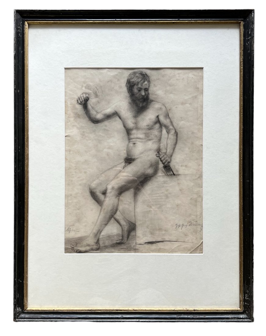 19th Century Academic Male Nude Graphite Drawing Signed: 17 x 12.5 in, 28 x 21.5 in