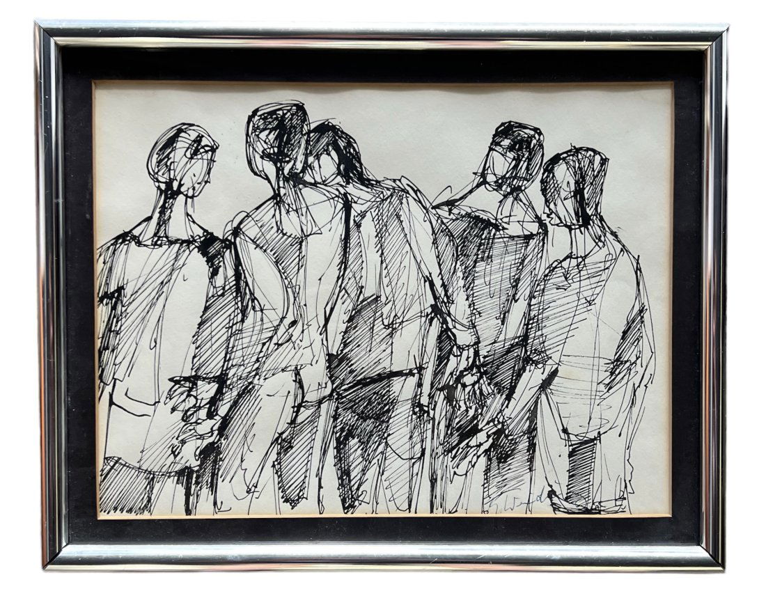 Modernist Ink Drawing Of Figures, Signed (1 of 3)