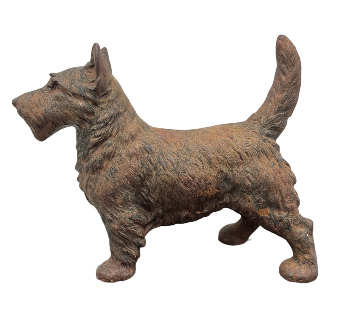 Vintage Cast Iron Terrier Door Stop Sculpture: 10.5 x 9 x 3 in