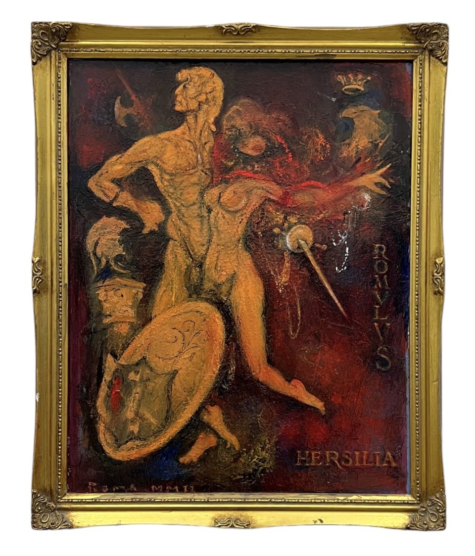 Vintage Abstract Roman Motif "Romulus & Hersilia": Oil on canvas 20 x 16 in, 22.5 x 18.5 in (framed)