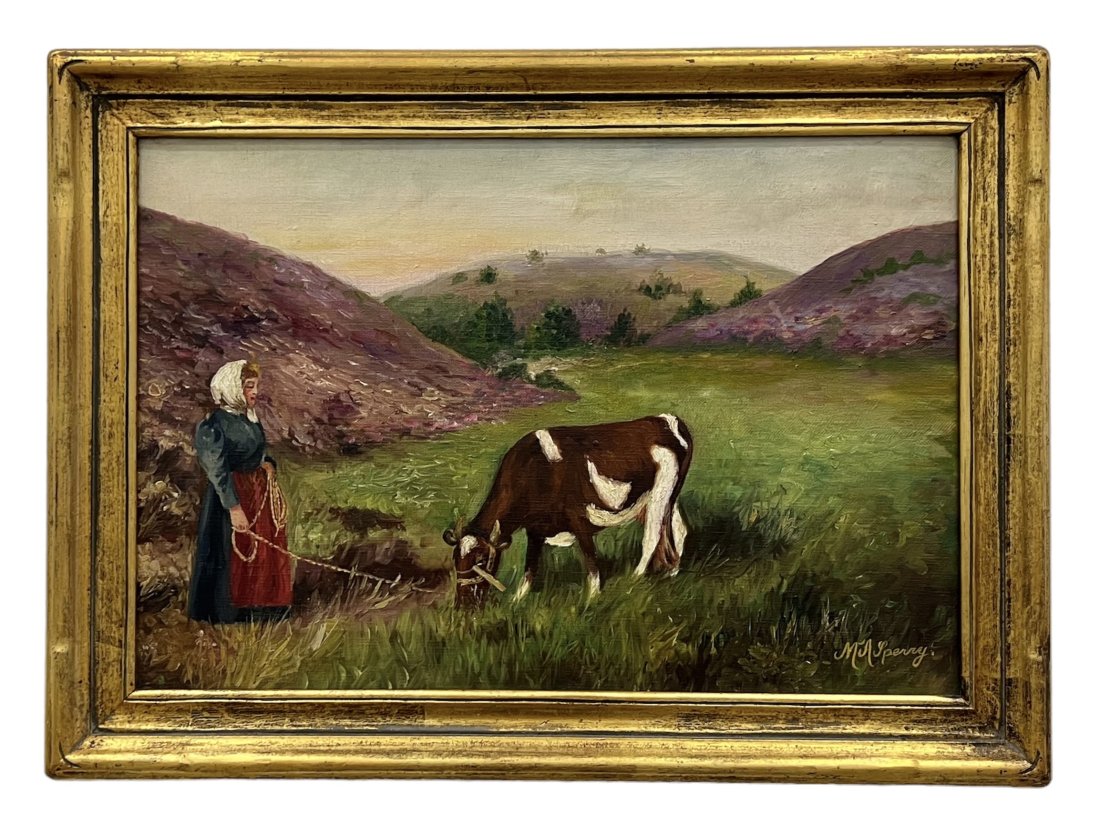 Antique English School Pastoral Painting Signed: Oil on canvas 27 x 24 in