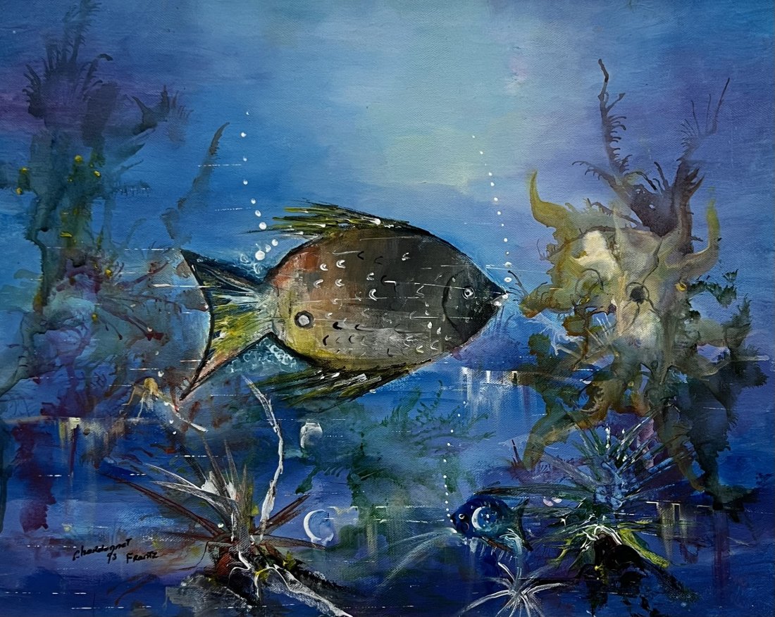 FRANTZ CHARDONNET (20th C, Haiti) Fish Painting: Oil on canvas 16 x 20 in