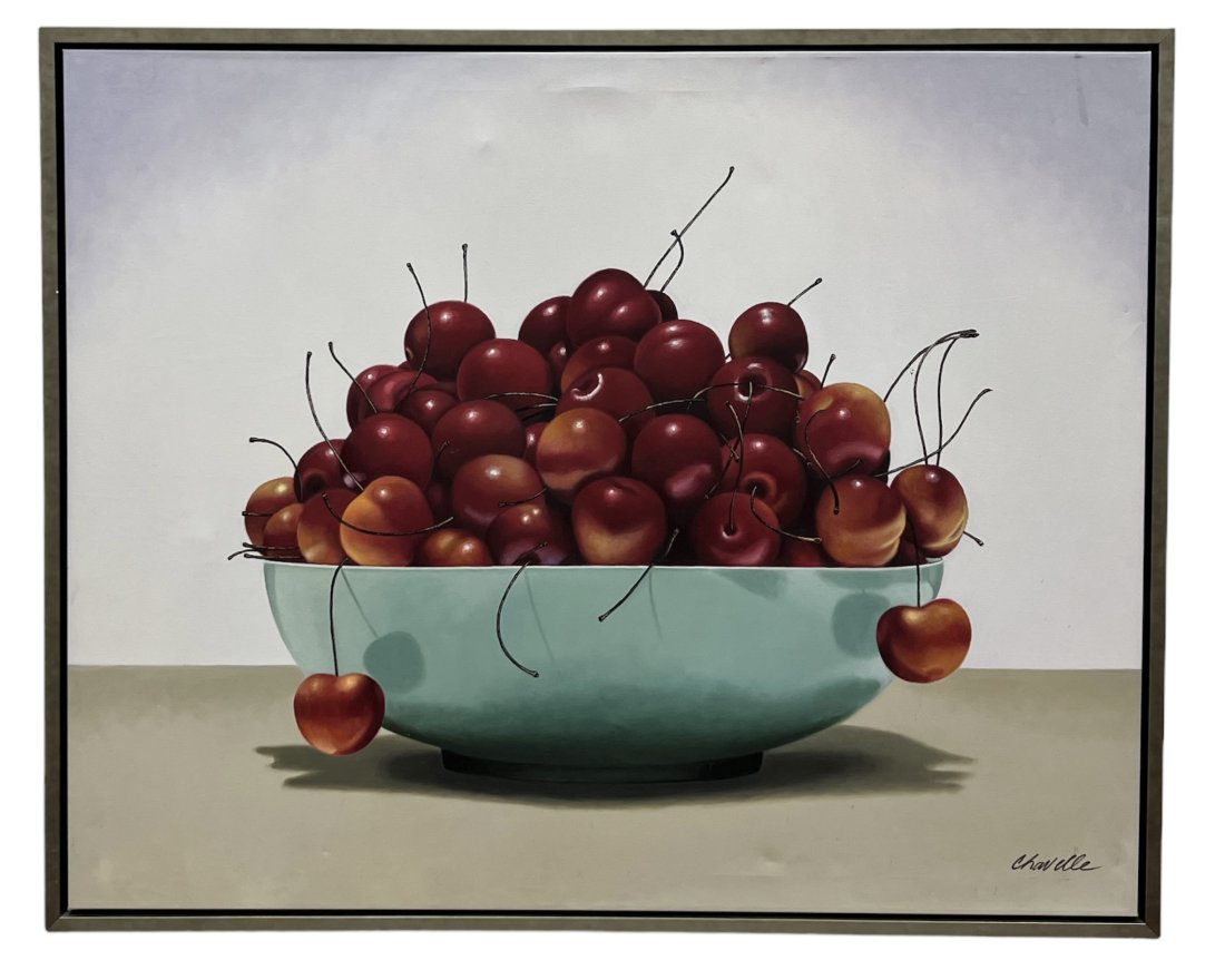Monumental Hyperrealist Still Life Painting Of Cherries, Signed (1 of 3)