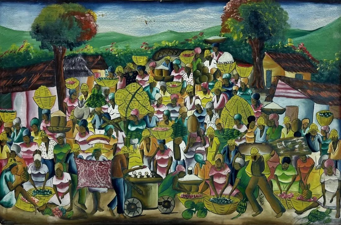 Vintage Haitian Folk Art Village Scene Signed: Oil on canvas 36 x 24 in