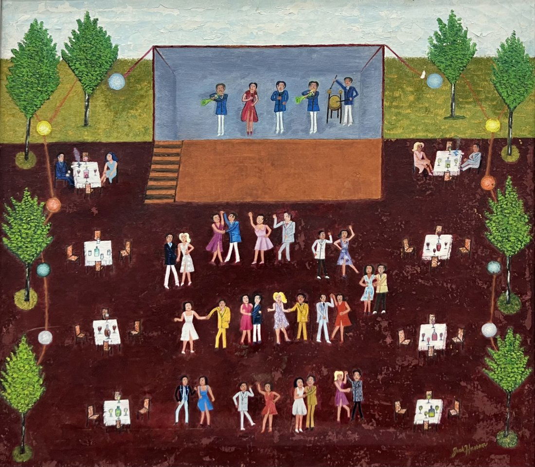 American Naive Folk Art Painting Dinner Party Concert, Signed (1 of 4)