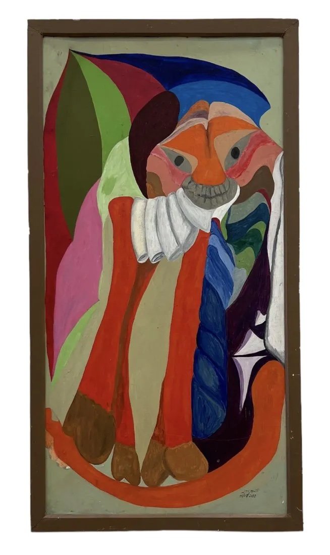 Vintage Abstract Painting, Signed: Acrylic on board 49.5 x 26.5 in (framed)