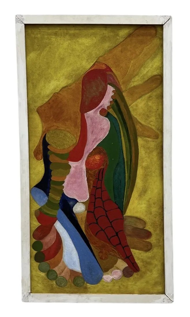 Vintage Abstract Painting w/ Figure: Acrylic on board 48 x 26 in