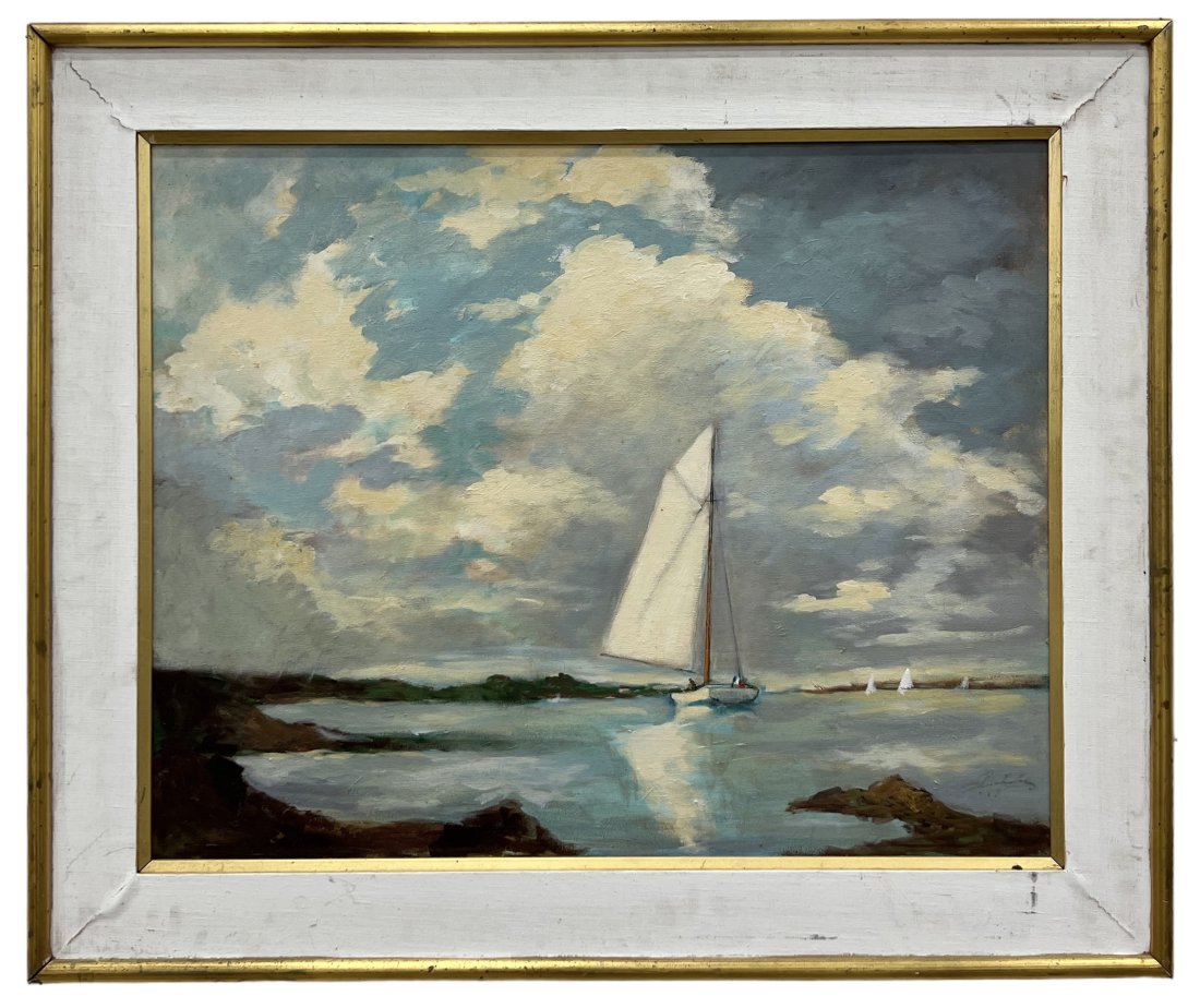 Vintage Impressionist Seascape w/ Sailboat, Faded Signature: Oil on canvas 30 x 24 in, 37.5 x 30.5 in (framed)