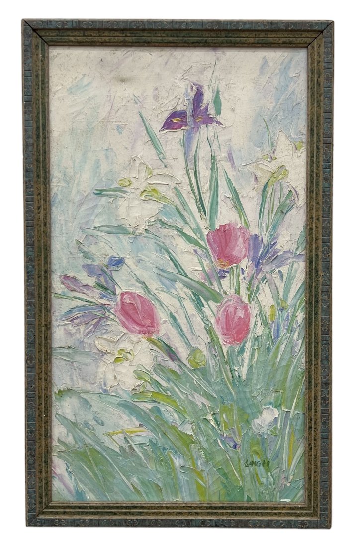 American Impressionist Floral Painting, Signed: Oil on canvas 23 x 14 in (framed)
