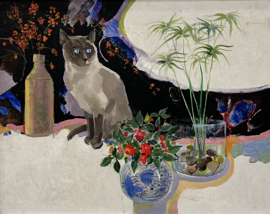 Modernist Still Life Painting w/ Cat, Unsigned: Virginia Barrett Gallery, Greenwich CT label verso. Oil on canvas 30 x 24 in